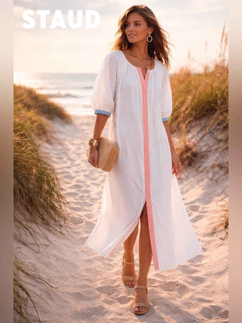 STAUD Vincent Dress,White Land Sea Caftan Resort Coastal  Designer,EUC,Size  S